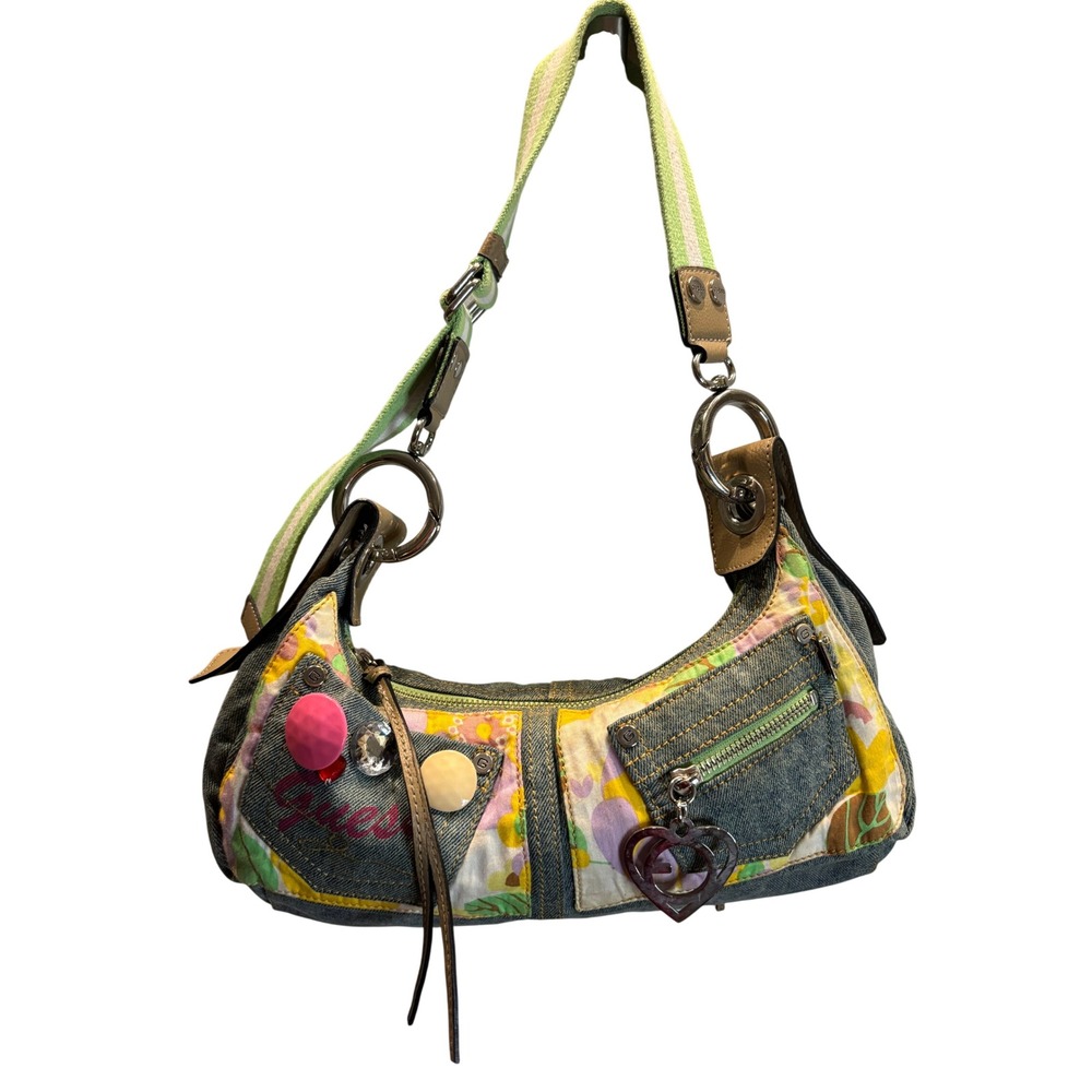 Guess Vintage Y2K Denim Patchwork Shoulder Bag Floral Heart Charm Rhinestone